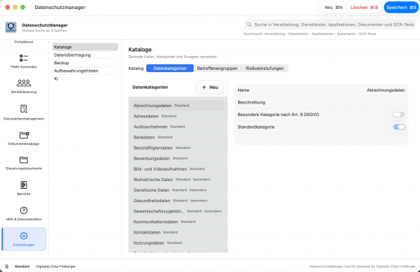 DatenschutzManager - Selbständige Erweiterung von Kategorien, Gruppen und Risiko